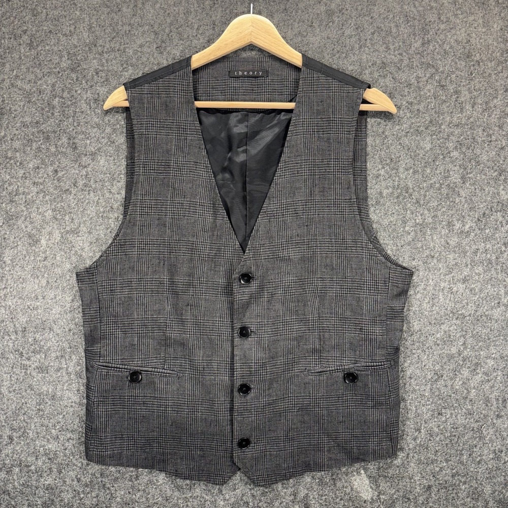 Theory Waistcoat Vest Mens 100% Linen Gray Breathable Lightweight Plaid